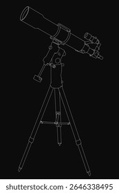 A black and white contour drawing of a telescope mounted on a sturdy tripod, set against a dark background. The illustration features clean lines and a minimalist aesthetic