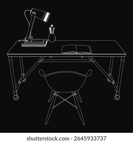 A black and white contour drawing of a tidy workplace desk featuring a chair, open book, lamp, and pen stand with pens. The minimalist line art captures a clean, organized study environment.