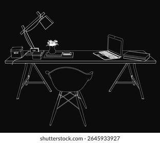 A black and white contour drawing of a tidy workplace desk featuring a laptop, stacked books, a flower vase, and a lamp, with a chair positioned in front.