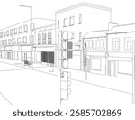 Black and white contour drawing of a town street with buildings, windows, street poles, and traffic lights. The clean white background emphasizes the graphic line art style.
