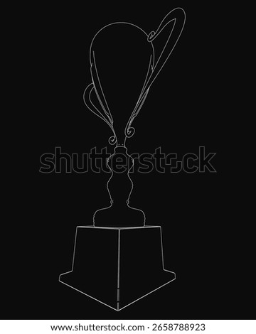 A black and white contour drawing of a trophy stands prominently on a solid black background. The cup features intricate details and sharp lines, creating a striking contrast.