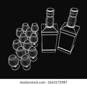 Dibujo de contorno en blanco y negro de dos botellas y copas de coñac simétricas sobre un fondo negro oscuro.