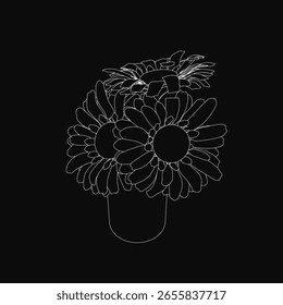 A black and white contour drawing of a vase filled with delicate daisies stands out against a dark background. The minimalist design emphasizes clean lines and elegant simplicity.
