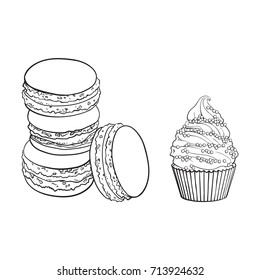 Black and white contour drawing, vector sketch hand drawn cupcake, macaroni. Isolated illustration on a white backgrounwith exotic flavor
