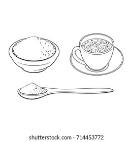Black and white contour drawing, vector sketch cartoon hand drawn ceramic bowl of mathca tea powder, bamboo spoon and cup of tea set. Isolated illustration on a white background.