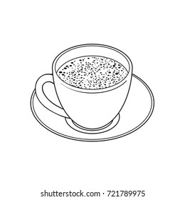 Black and white contour drawing, vector sketch cartoon hand drawn cup on a plate side view. Isolated illustration on a white background. Traditional tea symbol