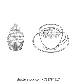 Black and white contour drawing, vector sketch cartoon hand drawn cup of tea on a plate, cupcake sweets side view. Isolated illustration on a white background.