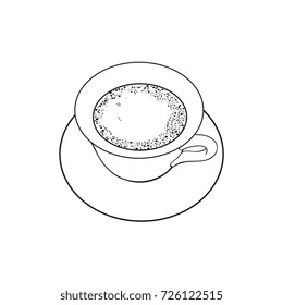 Black and white contour drawing, vector sketch cartoon hand drawn cup of tea on a plate top view. Isolated illustration on a white background.