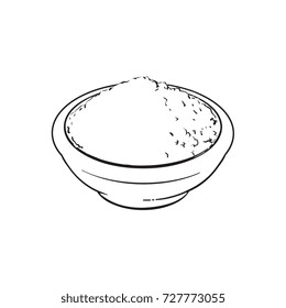 Black and white contour drawing, vector sketch cartoon hand drawn ceramic bowl of mathca tea powder top view. Isolated illustration on a white background. Traditional tea ceremony attribute, symbol