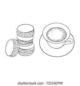 Black and white contour drawing, vector sketch cartoon hand drawn cap of whipped tea on a plate and macaroni sweets set. Isolated illustration on a white background.