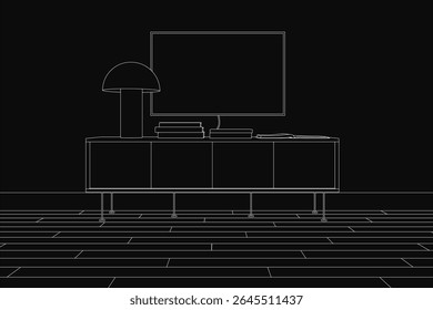 A black and white contour drawing of a vintage television on a wooden table, surrounded by scattered books and a classic lamp. The dark background enhances the mysterious atmosphere of the room.