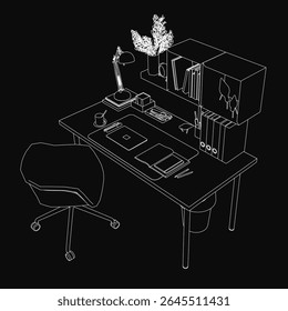 A black and white contour drawing of a workplace desk with a chair, lamp, flower vase, and stacked books against a dark background. The minimalist line art captures essential office elements.