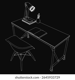 A black and white contour drawing of a workplace desk with a chair and a lamp, featuring a book, a pen stand with pens, and scattered objects. The dark background creates a mysterious atmosphere
