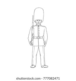 Black And White Contour English, British Royal Guard, Soldier, Sentry In Red Uniform And Bearskin Hat, Hand Drawn Vector Illustration. Full Length Portrait Of British, English, London Royal Guard