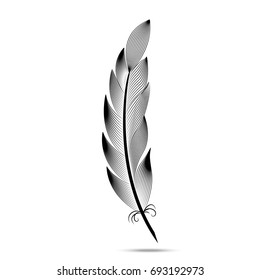 Black and white contour feather engraving. Isolated object on white background