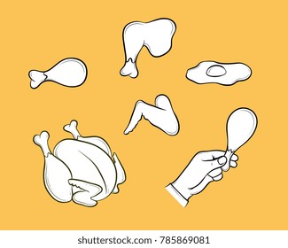 Black and white contour of fried, roasted chicken food - whole, leg, wing, drumstick, egg, hand drawn cartoon vector illustration. Hand drawn fried egg, whole chicken, leg, wing and drumstick