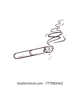 Black and white contour Hand-drawn burning, smoking cigarette, sketch style vector illustrations. Hand drawn, drawing of burning, smoking cigarette