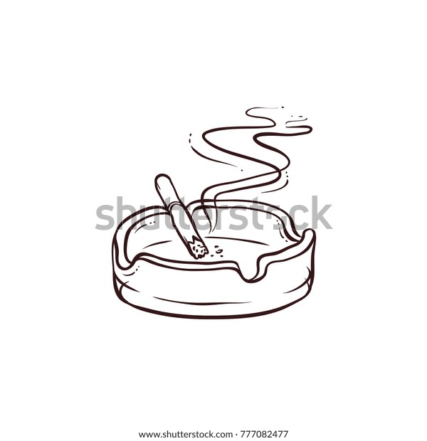 白黒の輪郭線手描きの焼き付き 灰皿にたばこを吸う スケッチスタイルのベクターイラスト 手描き タバコの燃える絵 灰皿での喫煙 のベクター画像素材 ロイヤリティフリー