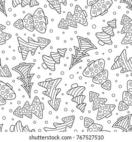 Black and White Contour Hand-drawn Christmas Trees for Page of Coloring Book. Seamless New year's Pattern for Anti-Stress Therapy. 