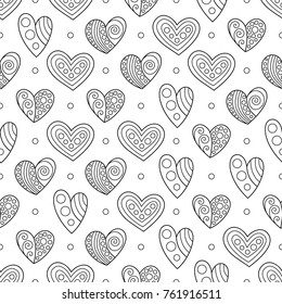 Black and White Contour Hearts for Page of Coloring Book. Seamless Pattern for Anti-Stress Therapy.