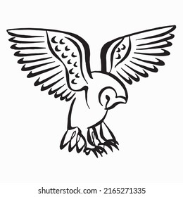 Black and white contour illustration of a flying owl. Vector owl line art. Hand sketch flying bird. Calligraphic illustration.