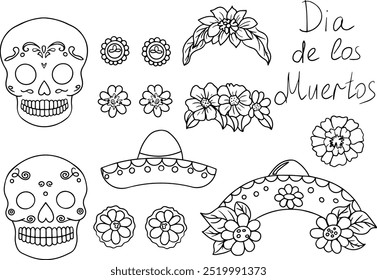 Uma ilustração de contorno preto e branco inspirada em Día de los Muertos, perfeita para colorir, cortar e criar artesanato. Esta ilustração pode ser usada para decorações festivas