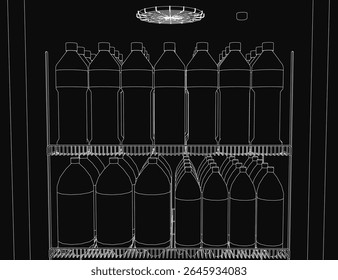 A black and white contour illustration of neatly arranged water bottles on a shelf, illuminated by a soft overhead light. The organized storage resembles a refrigerator setup, emphasizing efficiency.