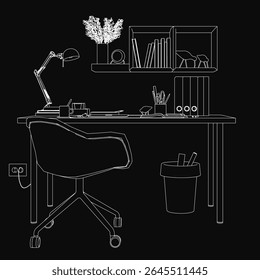 Black and white contour illustration of a workplace desk with a chair, lamp, and flower vase. Books, pens in a stand, and a dustbin complete the minimalist office setup.