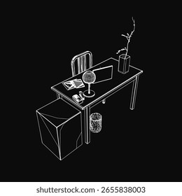 Una ilustración de contorno en blanco y negro de un escritorio de trabajo con una silla y una planta en maceta. El escritorio tiene una computadora portátil, papeles dispersos y un jarrón de flores contra un fondo oscuro y misterioso.