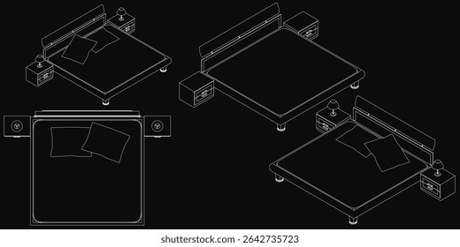 Black and white contour line drawing of a neatly made bed with two plump pillows and a matching nightstand beside it. The detailed illustration features clean lines and simple shading, creating an.