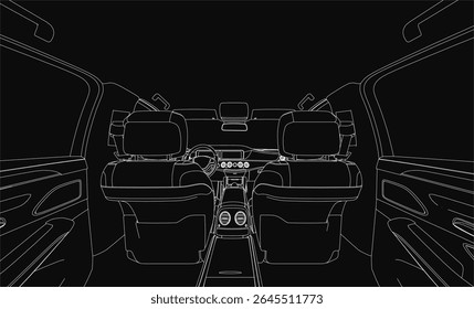 A black and white contour line drawing of a car interior featuring two seats, a steering wheel, and a speedometer. The dark background creates a mysterious and dramatic atmosphere.