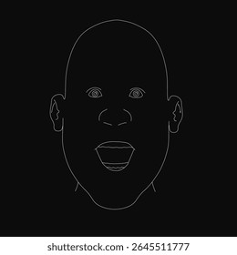 Um desenho de linha de contorno preto e branco do rosto de um homem com uma boca aberta, colocado contra um fundo preto escuro. O design minimalista enfatiza as linhas limpas e fluidas e o alto contraste.