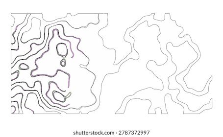 Black and white contour lines showing rugged mountain terrain with sharp elevation changes on white background