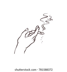 Black and white contour Male hand holding burning, smoking cigarette, hand drawn vector illustrations. Hand drawn male hand holding smoking cigarette