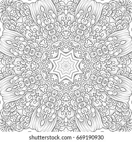 Black and white contour mandala in tibetan iconography style, adult coloring books design, vector.