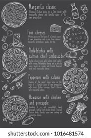 Black and white contour pattern top view of pizza. Menu page with a description of pizza.