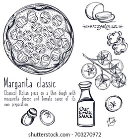 Black and white contour pattern top view of pizza and sauce. Menu page with a description of pizza.