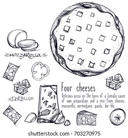 Black and white contour pattern top view of pizza. Menu page with a description of pizza.