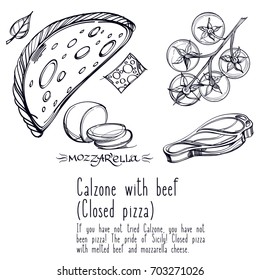 Black and white contour pattern top view of pizza. Menu page with a description of pizza.