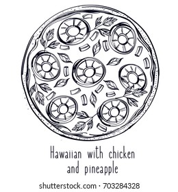 Black and white contour pattern top view of pizza. Menu page with a description of pizza.