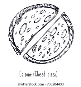 Black and white contour pattern top view of pizza. Menu page with a description of pizza.