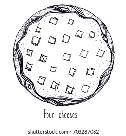 Black and white contour pattern top view of pizza. Menu page with a description of pizza.