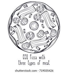 Black and white contour pattern top view of pizza. Menu page with a description of pizza.