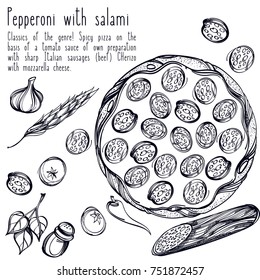 Black and white contour pattern top view of pizza. Menu page with a description of pizza.