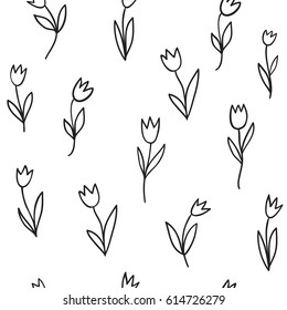 Black and white contour seamless pattern of tulips.