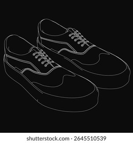 Black and white contour sneakers with lace-up closure, padded tongue, and rubber sole stand out on a black background.
