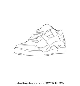 Black and white contour vector illustration of shoes. sneakers, unisex, outline sneakers. vector line.