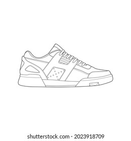 Black and white contour vector illustration of shoes. sneakers, unisex, outline sneakers. vector line.