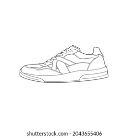Black and white contour vector illustration of shoes. sneakers, unisex, outline sneakers. vector line.