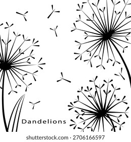 Ilustración vectorial de contorno blanco y negro de dientes de león con semillas transportadas por el viento. La silueta elegante captura la esencia de la naturaleza y la simplicidad, enfatizando el crecimiento y la libertad.